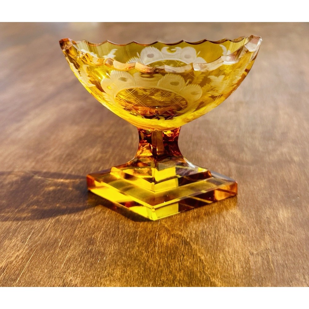 Antique Bohemian Amber Cut Clear Crystal Pedestal Salt Cellar Bowl Etched Art - Picture 9 of 12